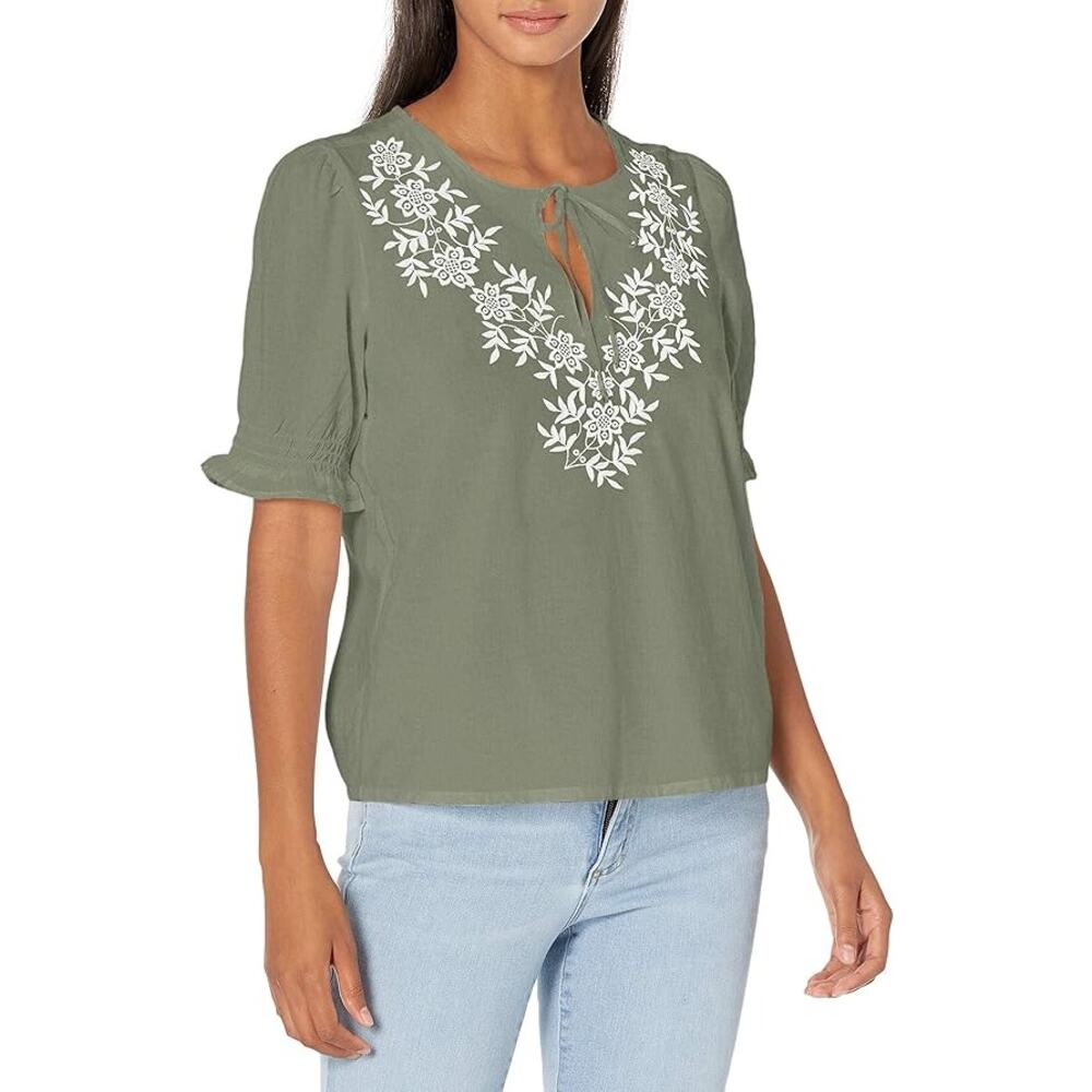 Lucky Brand Embroidered Floral Top Womens Sz Large Laurel Wreath Tie Neck Boho